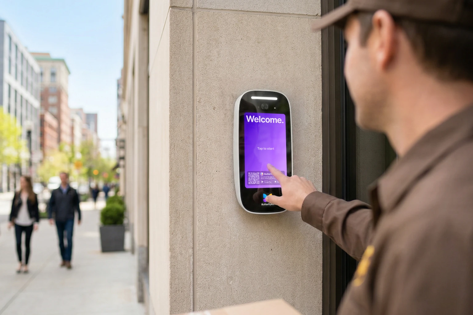 Butterflymx 8in Video Intercom Delivery Welcome Screen Header Mobile — commercial security installed by Kingsedco in Texas